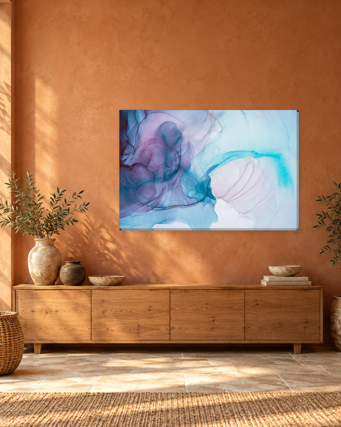 Violet and Cyan Fluid Ink Abstract Canvas Wall Art - Gallery Canvas - 38mm / 48 x 32 / Unframed preview