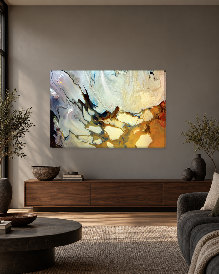 Cream and Amber Poured Paint Abstract Canvas Wall Art - Slate Blue Wash - Gallery Canvas - 38mm / 48 x 32 / Unframed preview