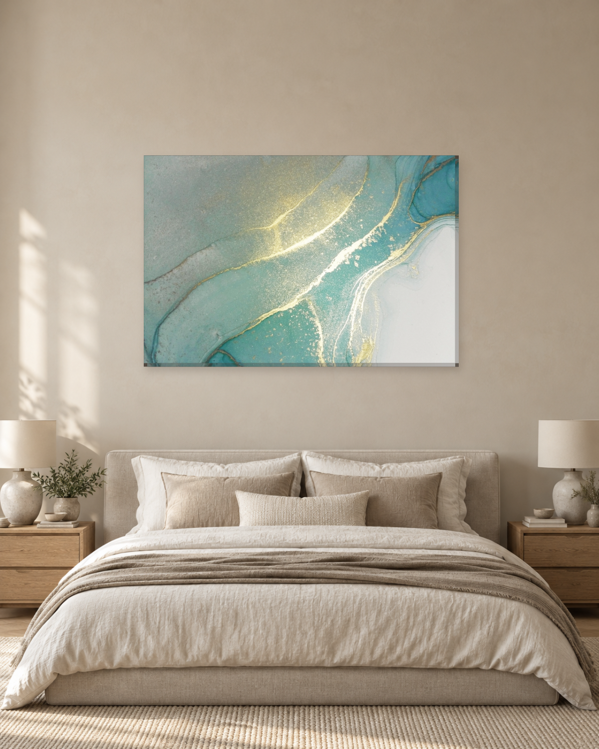 Teal and Gold Glitter Marble Canvas Wall Art - Alcohol Ink Abstract - Gallery Canvas - 38mm / 48 x 32 / Unframed preview