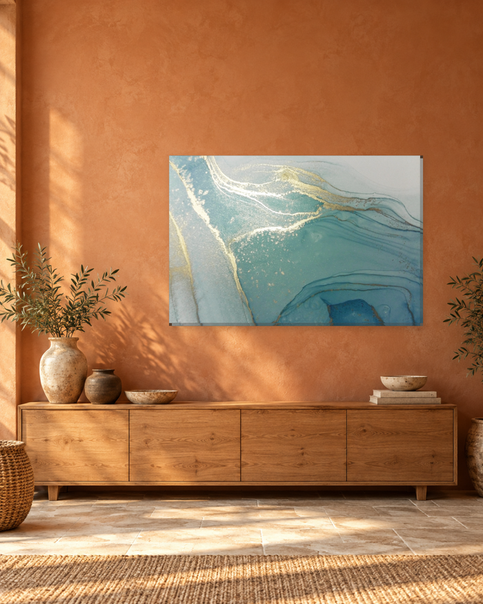 Duck Egg Blue and Gold Alcohol Ink Canvas Wall Art - Soft Teal Abstract - Gallery Canvas - 38mm / 48 x 32 / Unframed preview