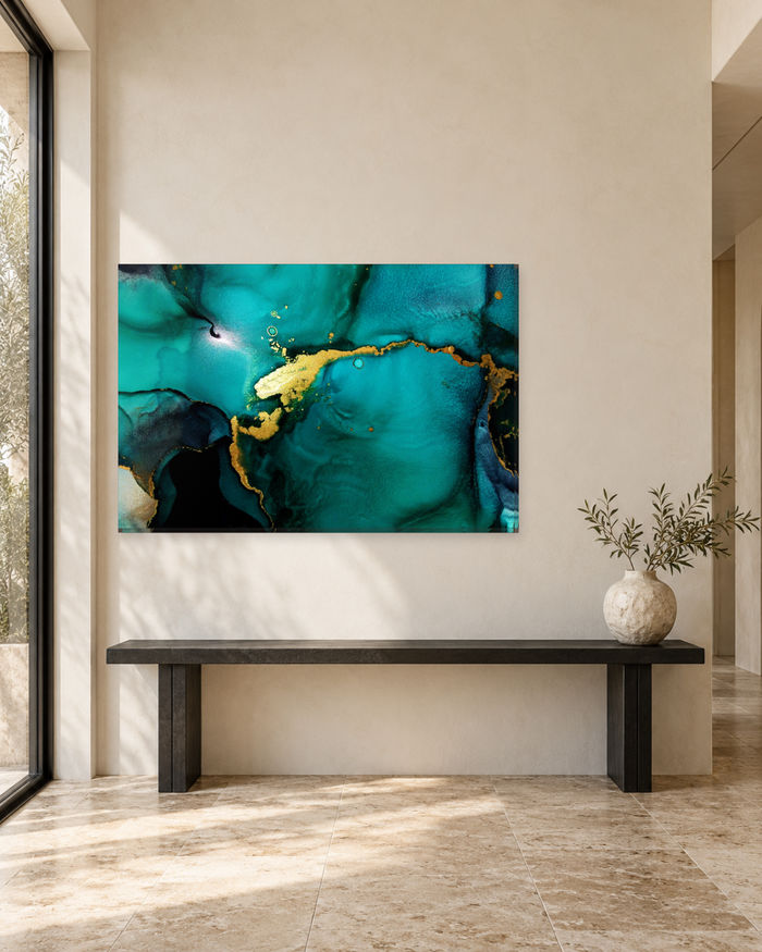 Emerald Teal and Black Abstract Canvas Wall Art - Gold Leaf Ink - Gallery Canvas - 38mm / 48 x 32 / Unframed preview