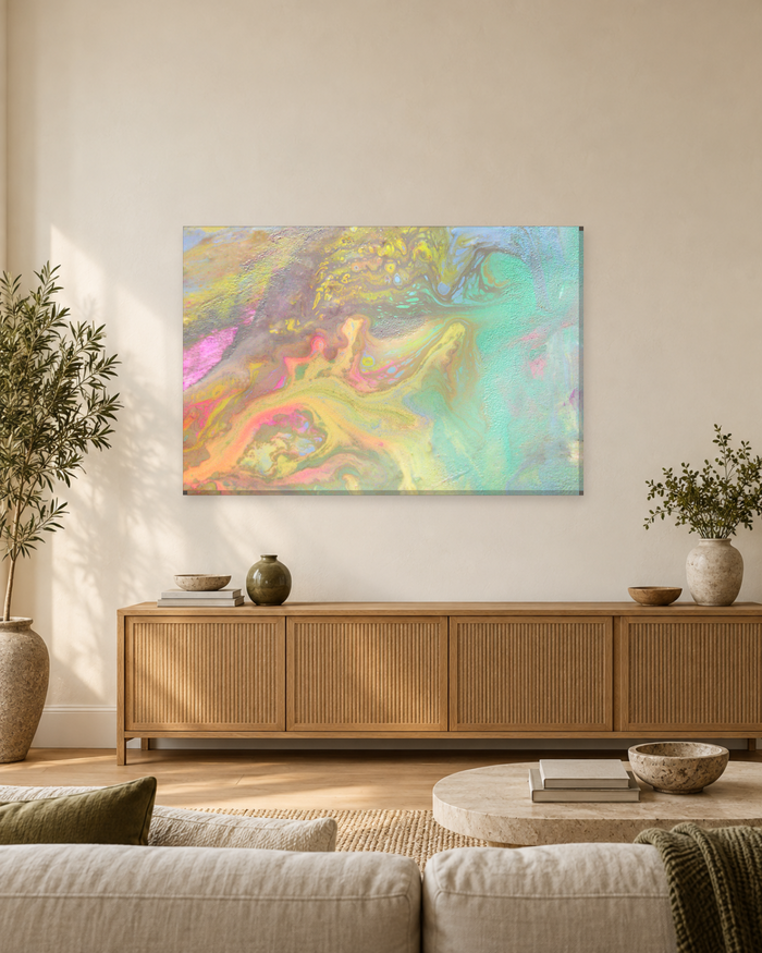 Pastel Iridescent Fluid Art Canvas Wall Art - Mint, Lemon and Pink Pour - Gallery Canvas - 38mm / 48 x 32 / Unframed preview