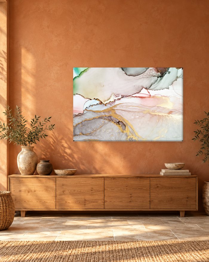 Blush and Gold Alcohol Ink Abstract Canvas Wall Art - Pink, Taupe and Ivory - Gallery Canvas - 38mm / 48 x 32 / Unframed preview