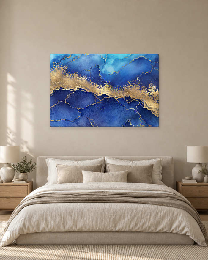 Navy Blue and Gold Marble Canvas Wall Art - Gold Glitter Watercolour - Gallery Canvas - 38mm / 48 x 32 / Unframed preview