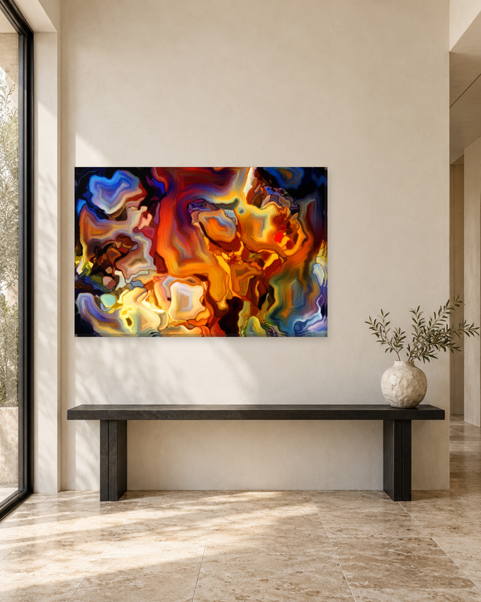 Molten Orange and Blue Abstract Canvas Wall Art - Psychedelic Swirl - Gallery Canvas - 38mm / 48 x 32 / Unframed preview