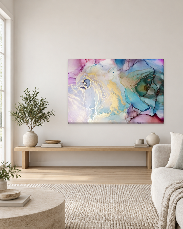 Rose Pink, Sky Blue and Teal Alcohol Ink Canvas Wall Art - Gallery Canvas - 38mm / 48 x 32 / Unframed preview