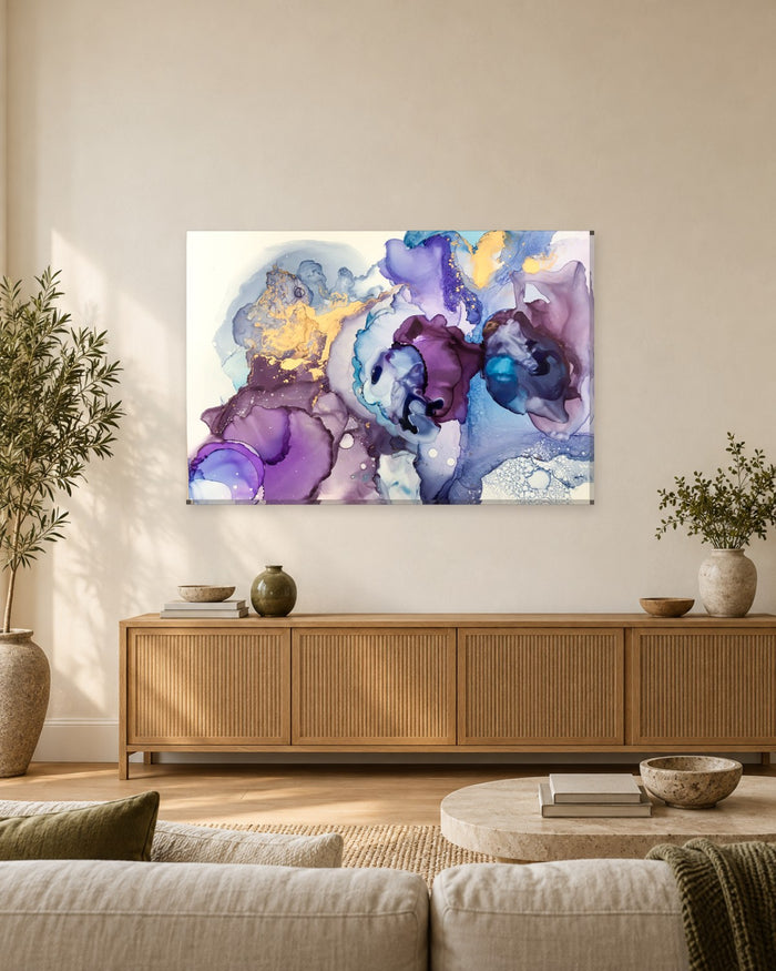Purple and Violet Alcohol Ink Abstract Canvas Wall Art - Blue and Gold - Gallery Canvas - 38mm / 48 x 32 / Unframed preview