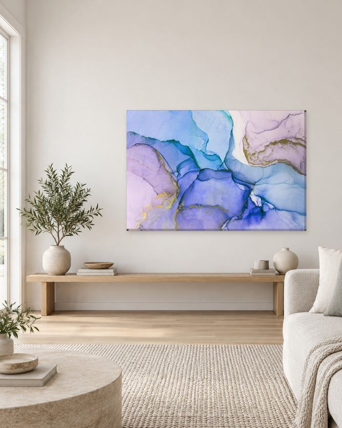 Periwinkle Blue and Lilac Alcohol Ink Canvas Wall Art - Gold Edged Abstract - Gallery Canvas - 38mm / 48 x 32 / Unframed preview