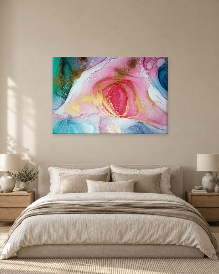 Raspberry Pink and Gold Swirl Abstract Canvas Wall Art - Teal Ink - Gallery Canvas - 38mm / 48 x 32 / Unframed preview
