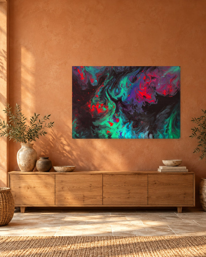Black, Emerald and Red Fluid Abstract Canvas Wall Art - Neon Swirl - Gallery Canvas - 38mm / 48 x 32 / Unframed preview