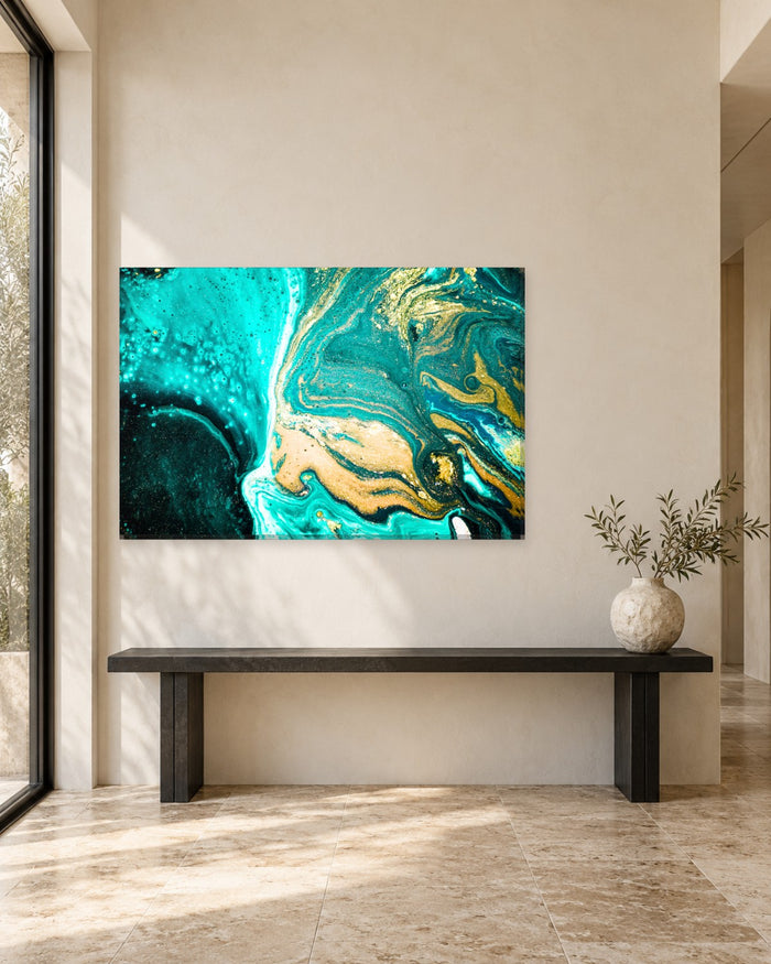 Turquoise and Gold Resin Art Canvas Wall Art - Teal Fluid Marble - Gallery Canvas - 38mm / 48 x 32 / Unframed preview