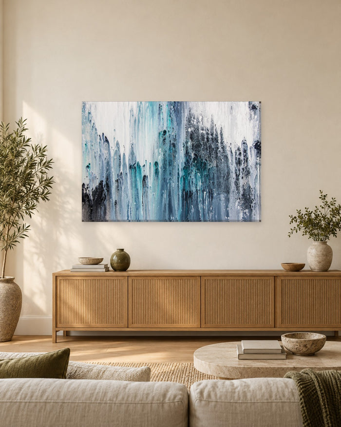 Dripping Paint Abstract Canvas Wall Art - Teal, Black and White Drips - Gallery Canvas - 38mm / 48 x 32 / Unframed preview