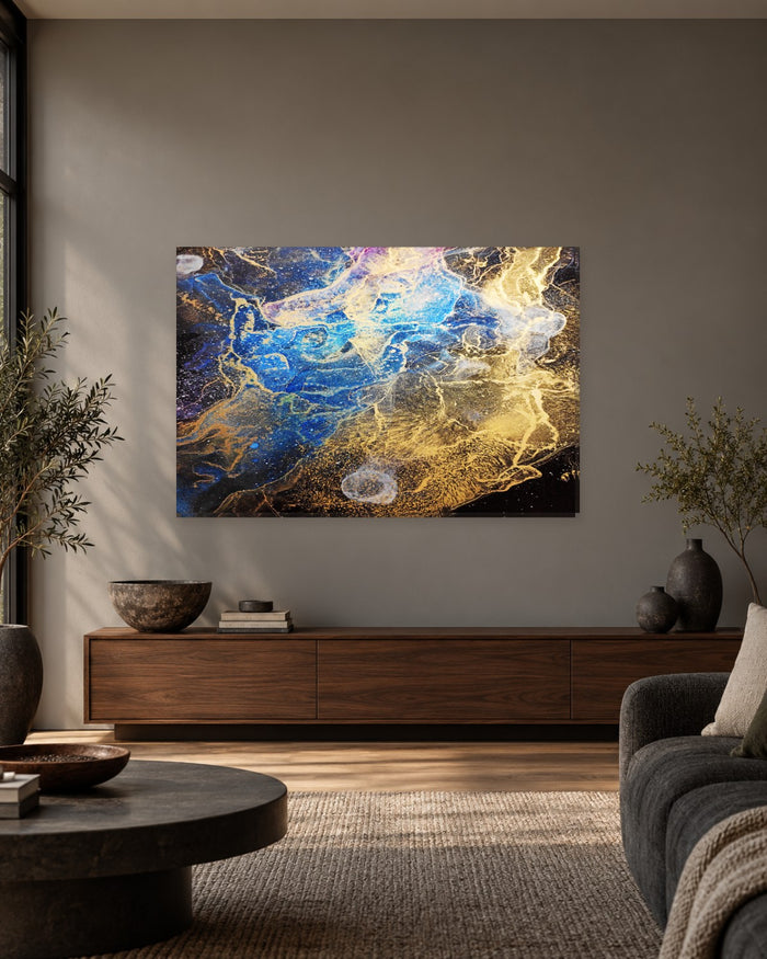 Electric Blue and Gold Ink on Black Canvas Wall Art - Cosmic Abstract - Gallery Canvas - 38mm / 48 x 32 / Unframed preview