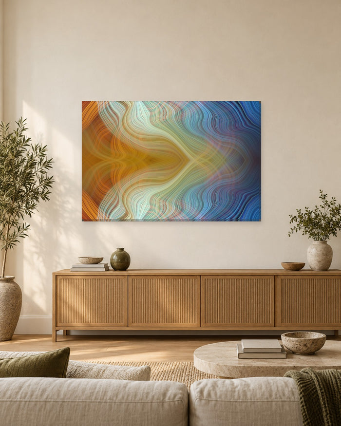 Wavy Lines Abstract Canvas Wall Art - Amber, Mint and Blue Light Threads - Gallery Canvas - 38mm / 48 x 32 / Unframed preview