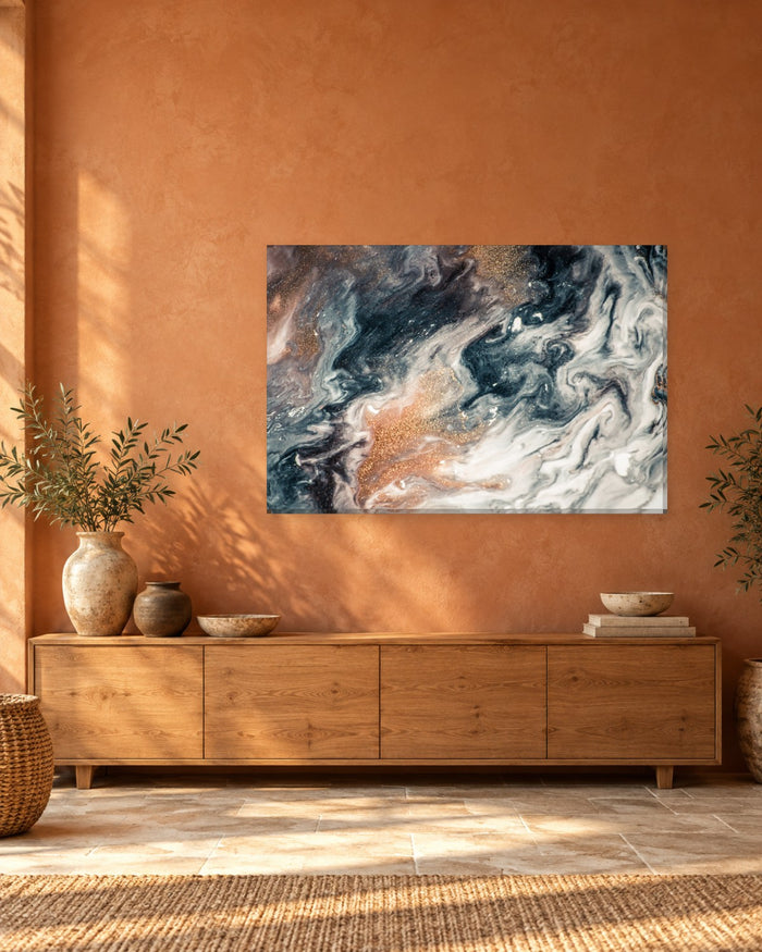Black and Copper Marble Canvas Wall Art - Navy, White and Rose Gold Glitter - Gallery Canvas - 38mm / 48 x 32 / Unframed preview