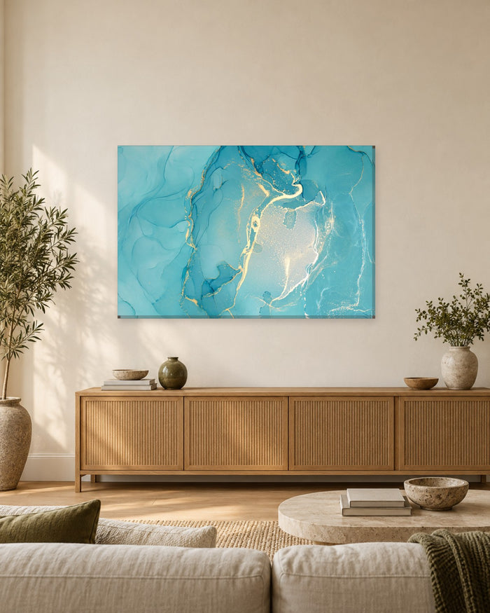 Aqua and Gold Marble Canvas Wall Art - Turquoise Alcohol Ink Abstract - Gallery Canvas - 38mm / 48 x 32 / Unframed preview
