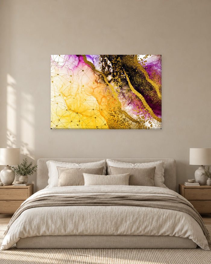 Magenta, Yellow and Gold Leaf Abstract Canvas Wall Art - Glam Ink Art - Gallery Canvas - 38mm / 48 x 32 / Unframed preview