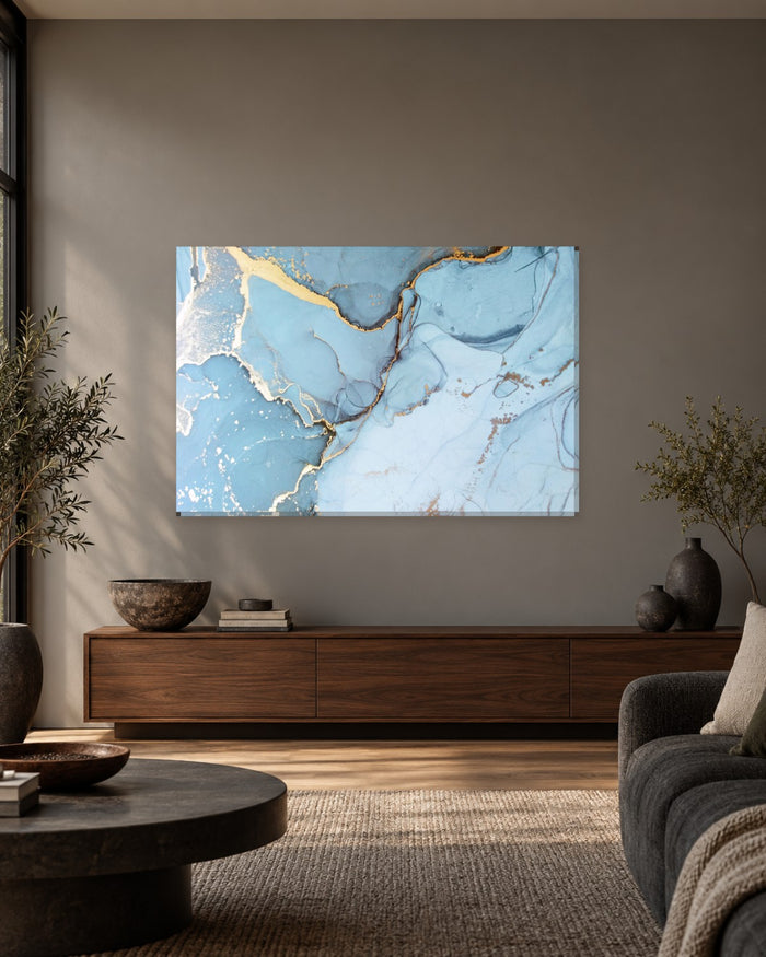 Dusty Blue and Gold Marble Canvas Wall Art - Grey Veined Abstract - Gallery Canvas - 38mm / 48 x 32 / Unframed preview