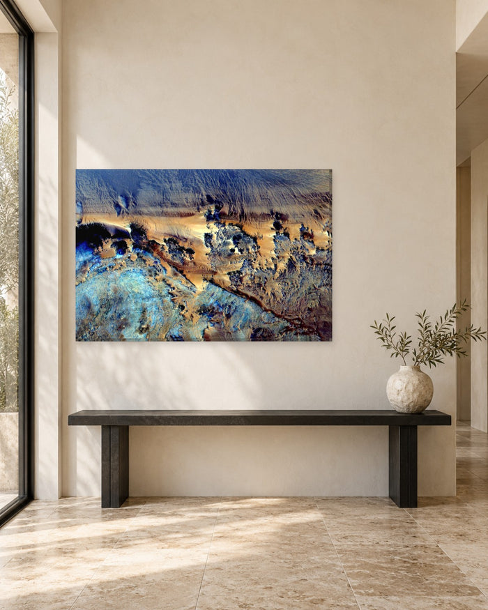 Aerial Desert Abstract Canvas Wall Art - Sand Gold and Blue Earth Art - Gallery Canvas - 38mm / 48 x 32 / Unframed preview