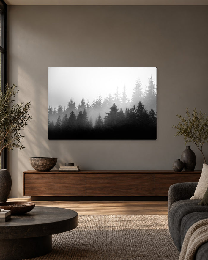 Misty Pine Forest Black and White Canvas Wall Art - Foggy Treeline - Gallery Canvas - 38mm / 48 x 32 / Unframed preview