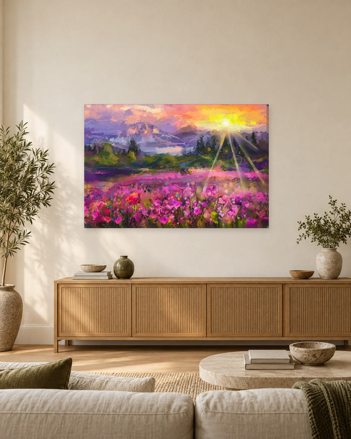 Pink Wildflower Meadow Painting Canvas Wall Art - Purple Hills at Sunrise - Gallery Canvas - 38mm / 48 x 32 / Unframed preview