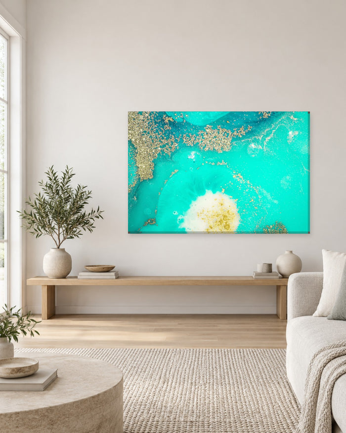 Bright Turquoise and Gold Glitter Abstract Canvas Wall Art - Aqua Resin - Gallery Canvas - 38mm / 48 x 32 / Unframed preview