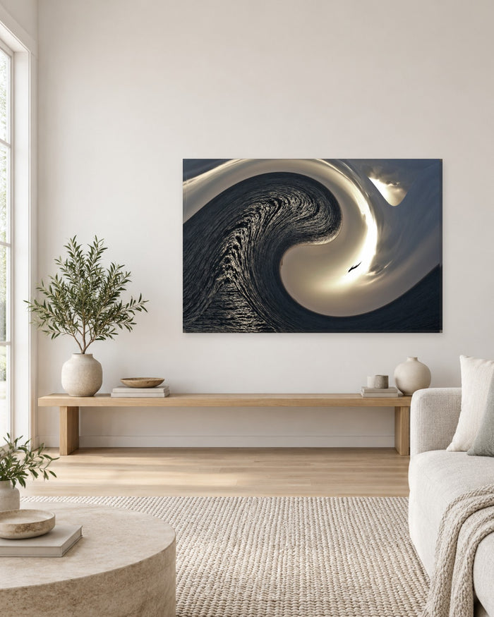 Black and White Ocean Wave Abstract Canvas Wall Art - Silver Curl - Gallery Canvas - 38mm / 48 x 32 / Unframed preview