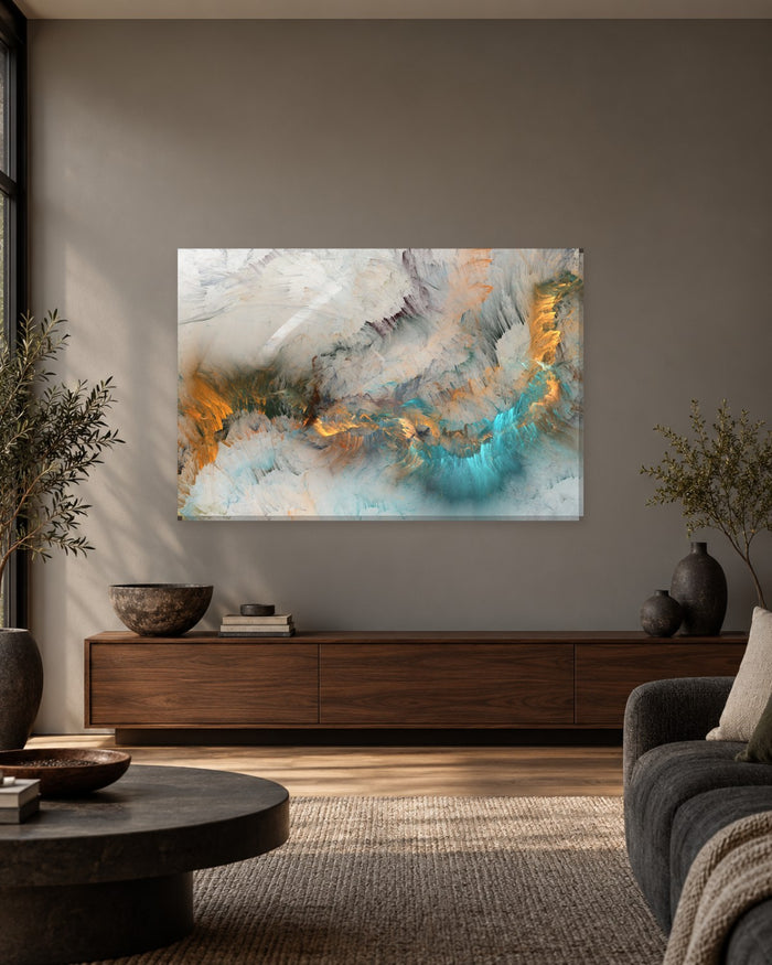 White, Turquoise and Orange Abstract Canvas Wall Art - Feathered Texture - Gallery Canvas - 38mm / 48 x 32 / Unframed preview