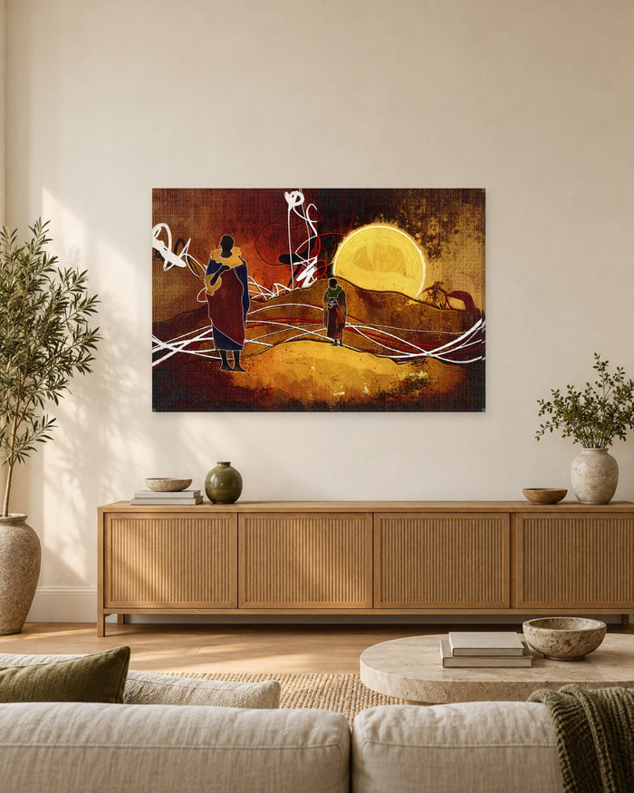 African Figures at Sunset Canvas Wall Art - Retro Ethnic Illustration - Gallery Canvas - 38mm / 48 x 32 / Unframed preview