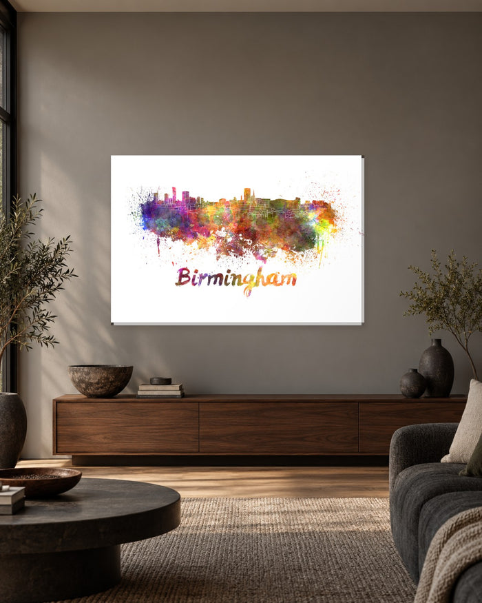Birmingham Skyline Watercolour Canvas Wall Art - Rainbow Splatter - Gallery Canvas - 38mm / 48 x 32 / Unframed preview