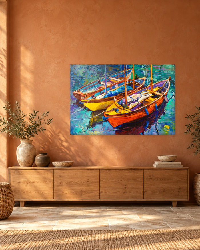 Moored Sailing Boats Painting Canvas Wall Art - Orange, Yellow and Turquoise - Gallery Canvas - 38mm / 48 x 32 / Unframed preview