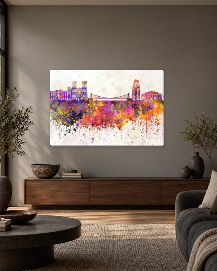 Bristol Skyline Watercolour Canvas Wall Art - Clifton Suspension Bridge - Gallery Canvas - 38mm / 48 x 32 / Unframed preview