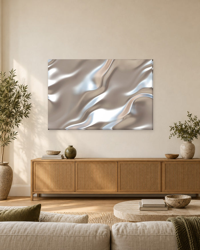 Champagne Silk Canvas Wall Art - Silver and Taupe Satin Folds - Gallery Canvas - 38mm / 48 x 32 / Unframed preview