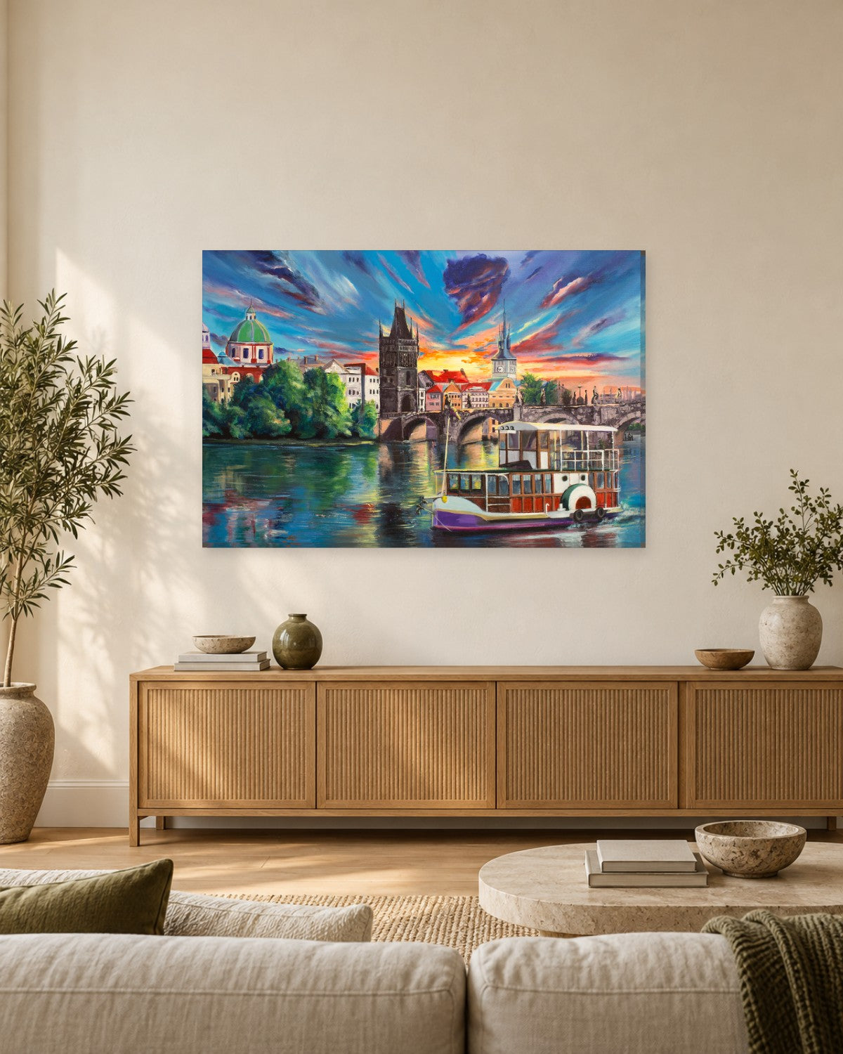 Prague Charles Bridge Painting Canvas Wall Art - Colourful River Sunset - Gallery Canvas - 38mm / 48 x 32 / Unframed preview
