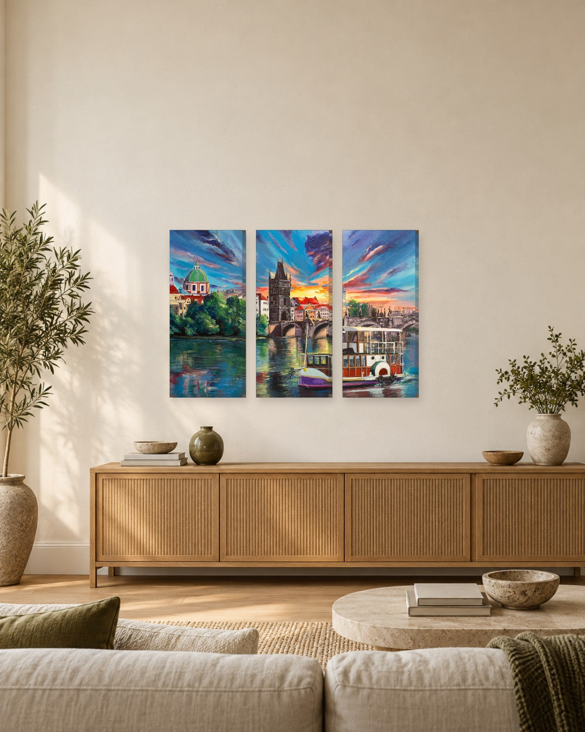 Prague Charles Bridge Painting Canvas Wall Art - Colourful River Sunset - Gallery Canvas - 38mm / 48 x 32 / Unframed preview