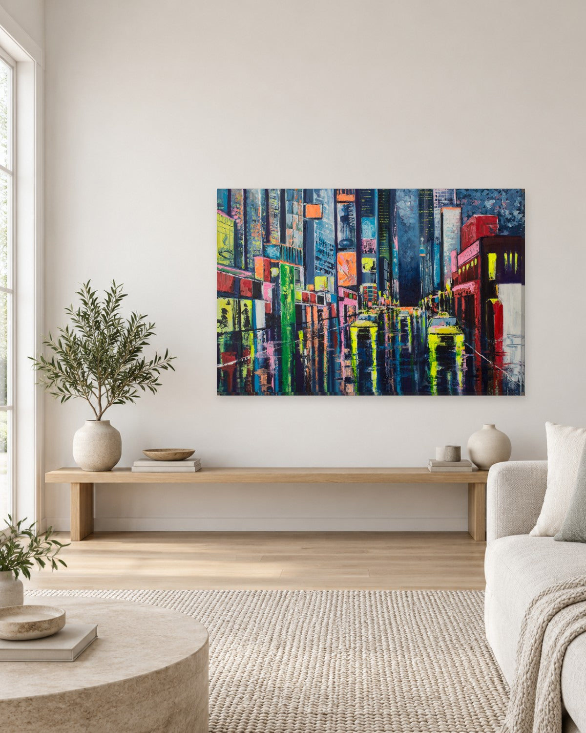 Yellow Taxi City Street Painting Canvas Wall Art - Neon Night Abstract - Gallery Canvas - 38mm / 48 x 32 / Unframed preview