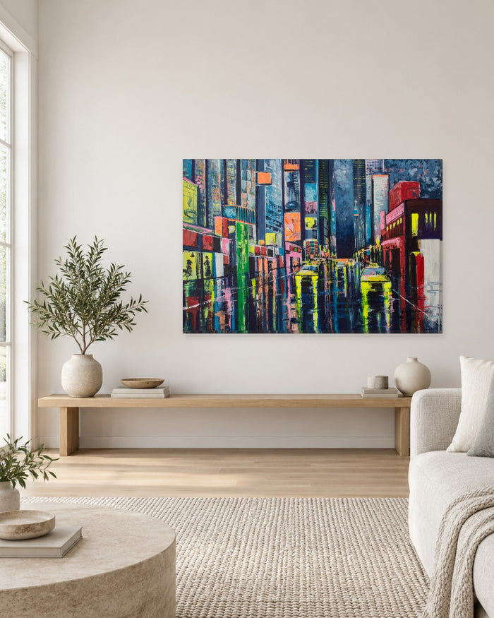 Yellow Taxi City Street Painting Canvas Wall Art - Neon Night Abstract - Gallery Canvas - 38mm / 48 x 32 / Unframed preview