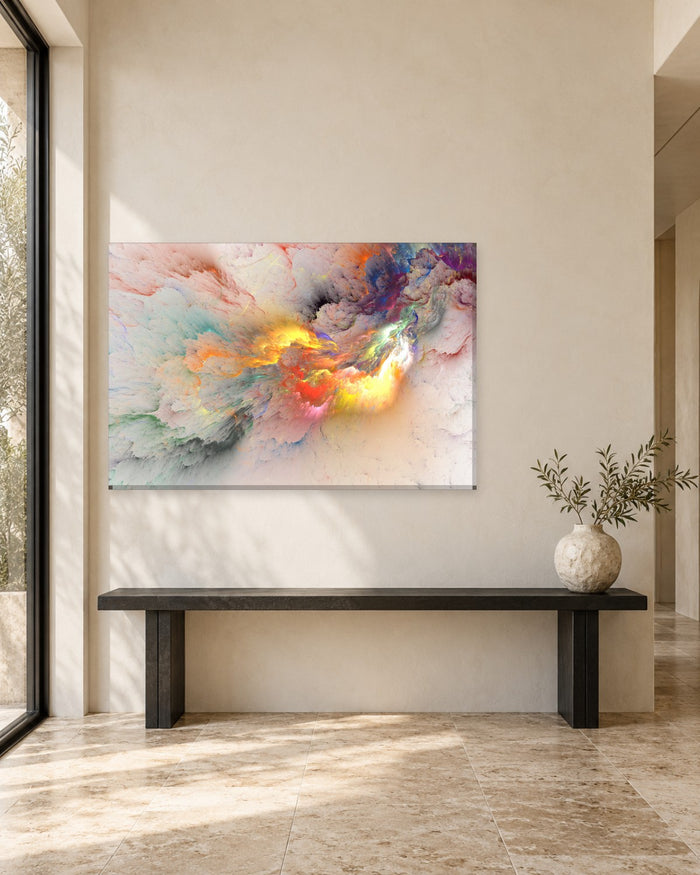 Cream Cloud Burst Abstract Canvas Wall Art - Yellow, Orange and Teal Glow - Gallery Canvas - 38mm / 48 x 32 / Unframed preview