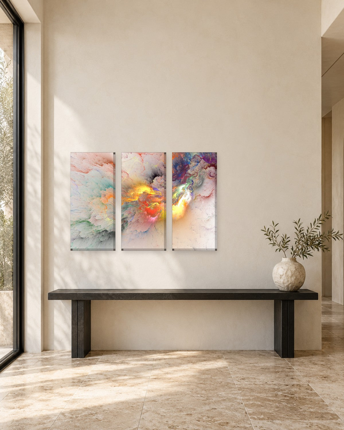 Cream Cloud Burst Abstract Canvas Wall Art - Yellow, Orange and Teal Glow - Gallery Canvas - 38mm / 48 x 32 / Unframed preview