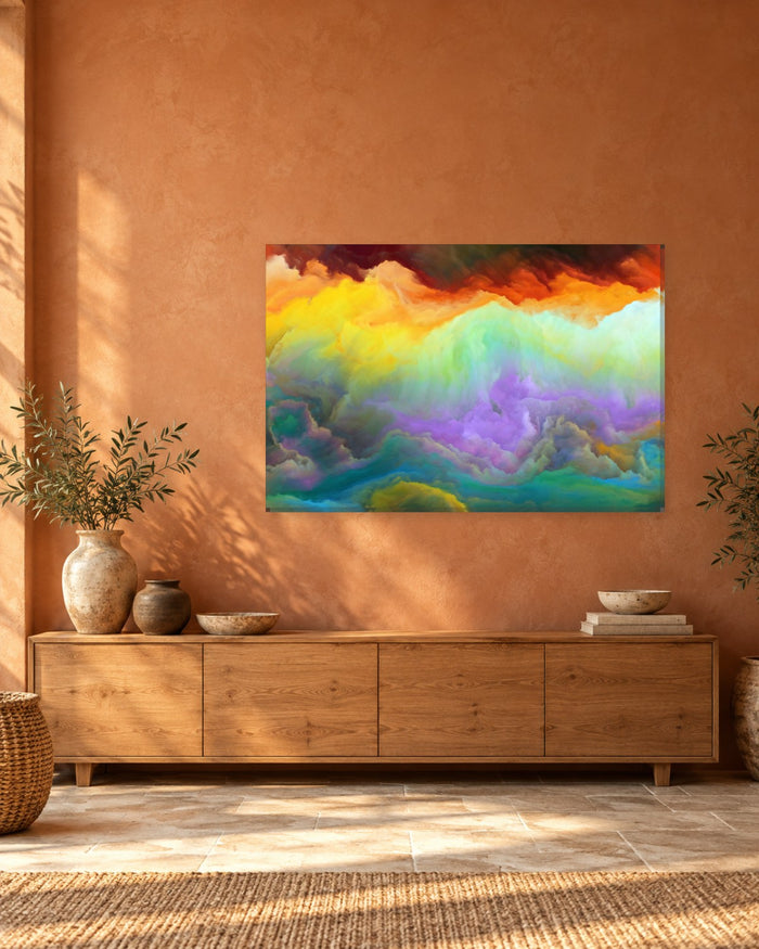 Layered Colour Clouds Abstract Canvas Wall Art - Red, Lime and Lilac Bands - Gallery Canvas - 38mm / 48 x 32 / Unframed preview