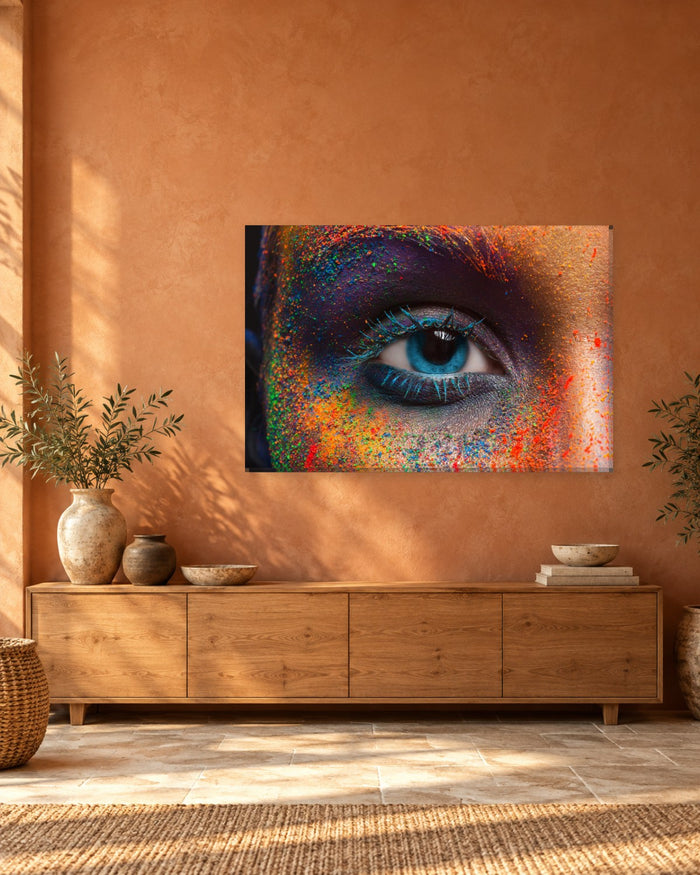 Colourful Eye Close-Up Canvas Wall Art - Blue Eye with Colour Powder - Gallery Canvas - 38mm / 48 x 32 / Unframed preview