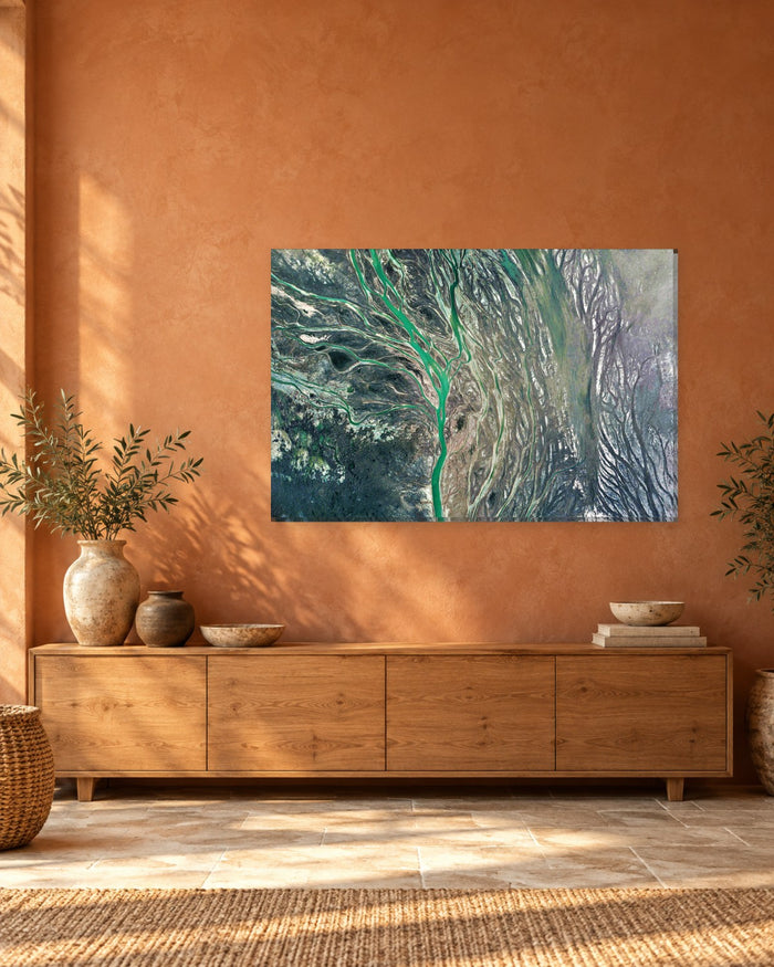 Aerial River Channels Abstract Canvas Wall Art - Green and Grey Earth View - Gallery Canvas - 38mm / 48 x 32 / Unframed preview