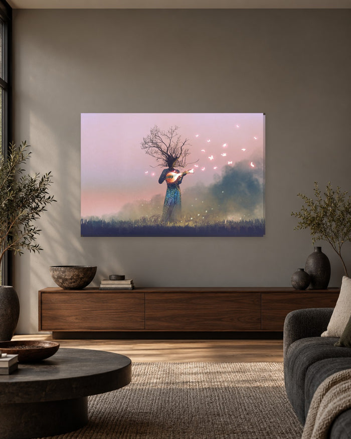 Surreal Tree Woman with Guitar Canvas Wall Art - Pink Misty Fantasy - Gallery Canvas - 38mm / 48 x 32 / Unframed preview