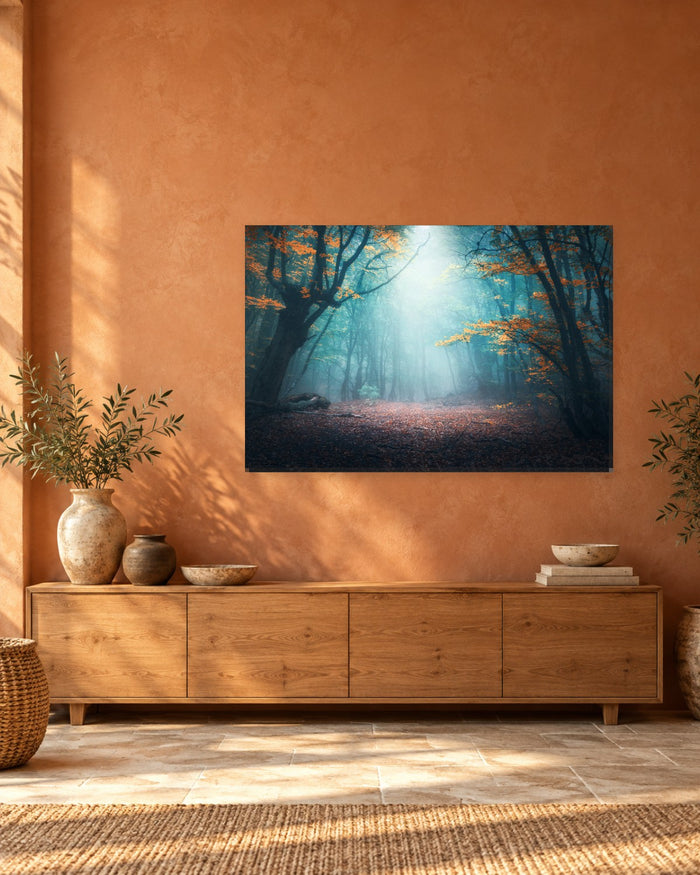 Enchanted Misty Forest Canvas Wall Art - Autumn Trees and Teal Fog - Gallery Canvas - 38mm / 48 x 32 / Unframed preview