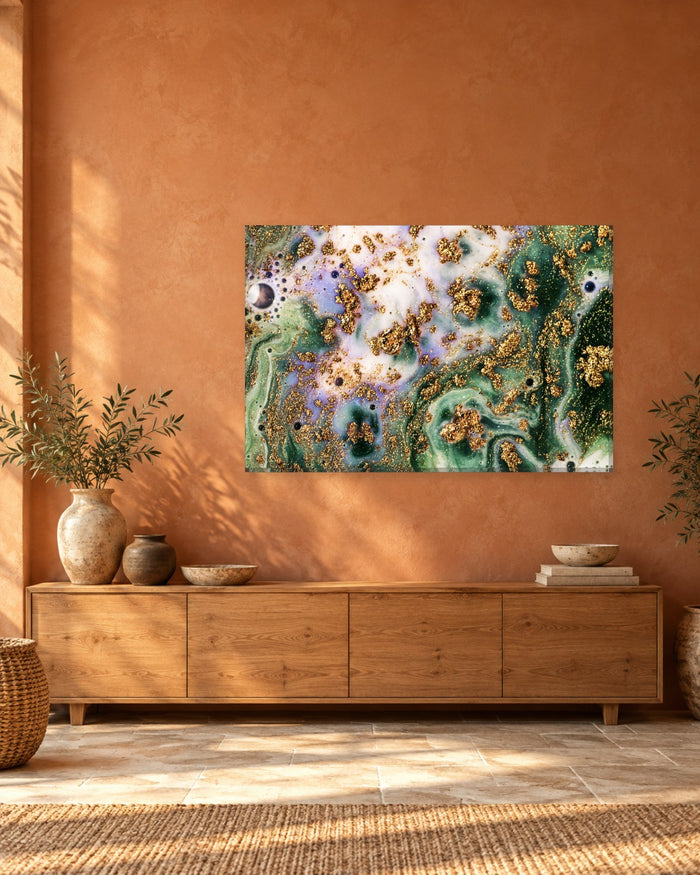Green and Gold Glitter Marble Canvas Wall Art - Lilac and White Fluid Art - Gallery Canvas - 38mm / 48 x 32 / Unframed preview