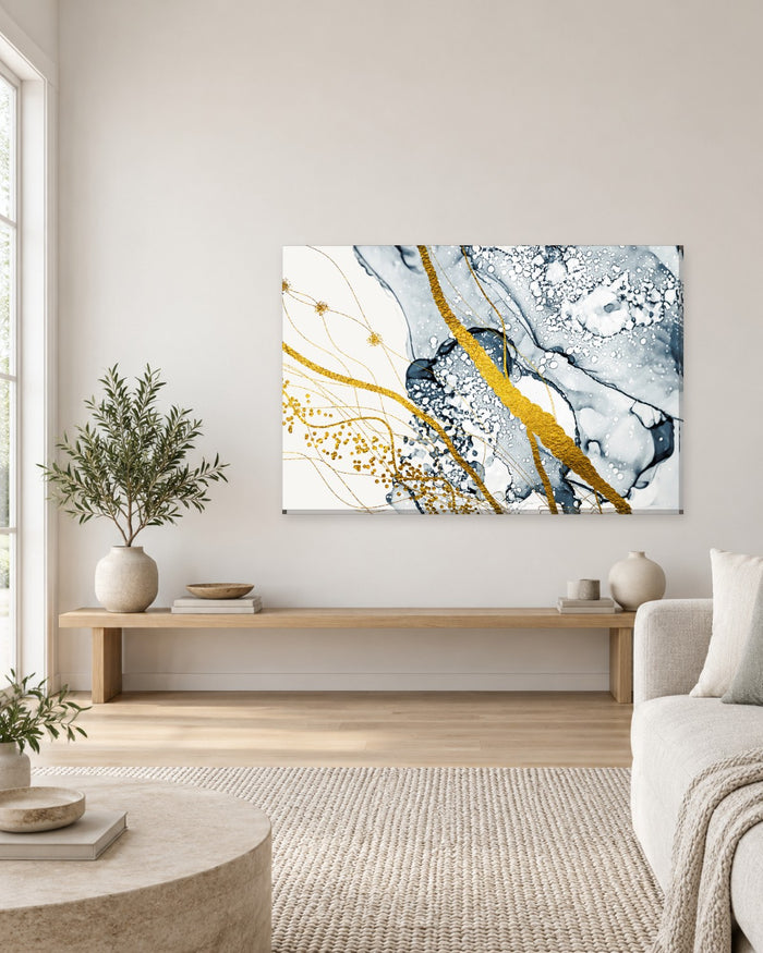 Charcoal Grey and Gold Ink Abstract Canvas Wall Art - Gold Stripe on White - Gallery Canvas - 38mm / 48 x 32 / Unframed preview
