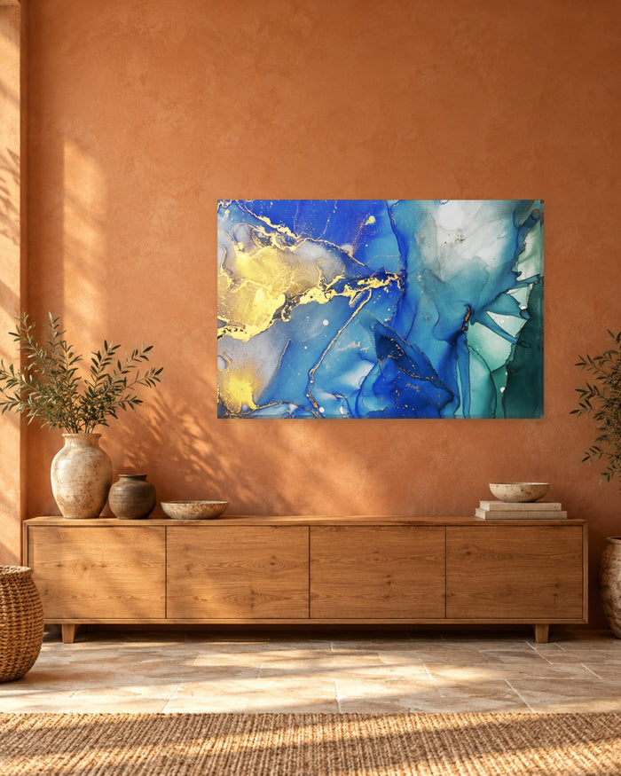 Cobalt Blue and Teal Alcohol Ink Canvas Wall Art - Golden Yellow Glow - Gallery Canvas - 38mm / 48 x 32 / Unframed preview