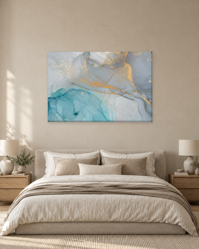 Aqua and Dove Grey Alcohol Ink Canvas Wall Art - Fine Gold Veins - Gallery Canvas - 38mm / 48 x 32 / Unframed preview