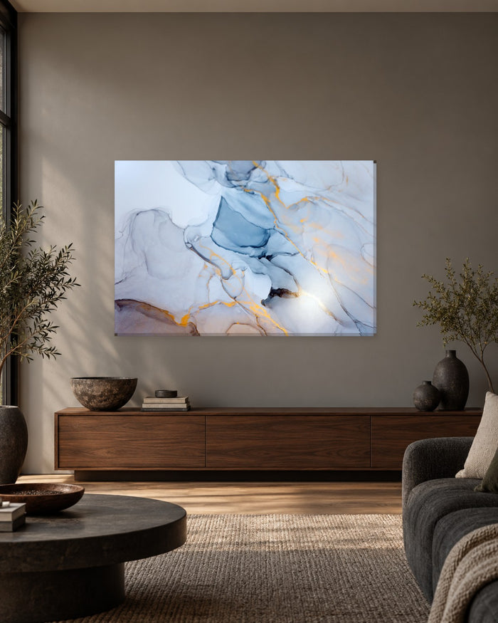Pale Ice Blue and White Alcohol Ink Canvas Wall Art - Smoky Slate and Gold - Gallery Canvas - 38mm / 48 x 32 / Unframed preview
