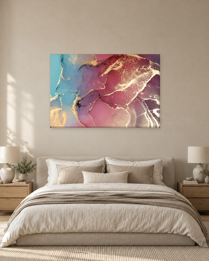 Crimson and Teal Alcohol Ink Canvas Wall Art - Gold Dust Abstract - Gallery Canvas - 38mm / 48 x 32 / Unframed preview